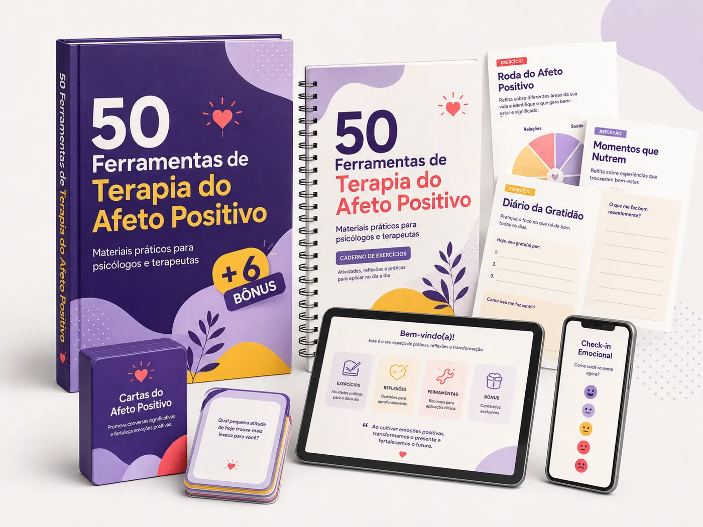 Kit completo: livro, caderno de exercícios, fichas, tablet, celular e baralho de cartas do afeto positivo