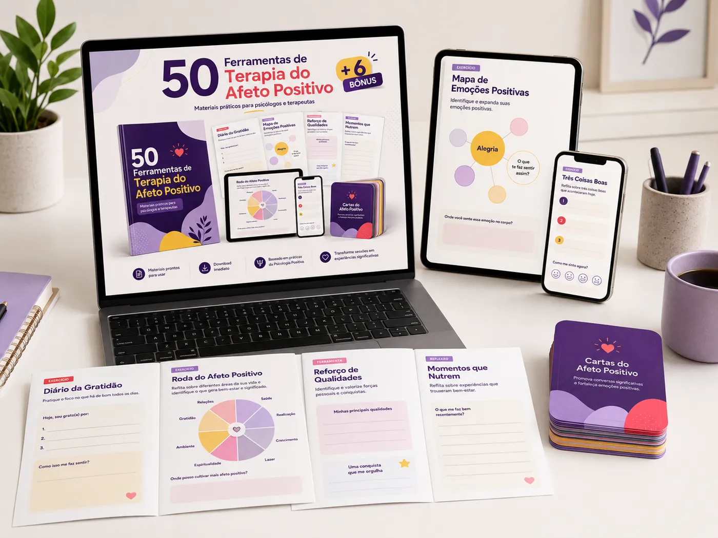 Materiais do kit em uso: notebook, tablet, celular, fichas impressas e cartas do afeto positivo sobre a mesa